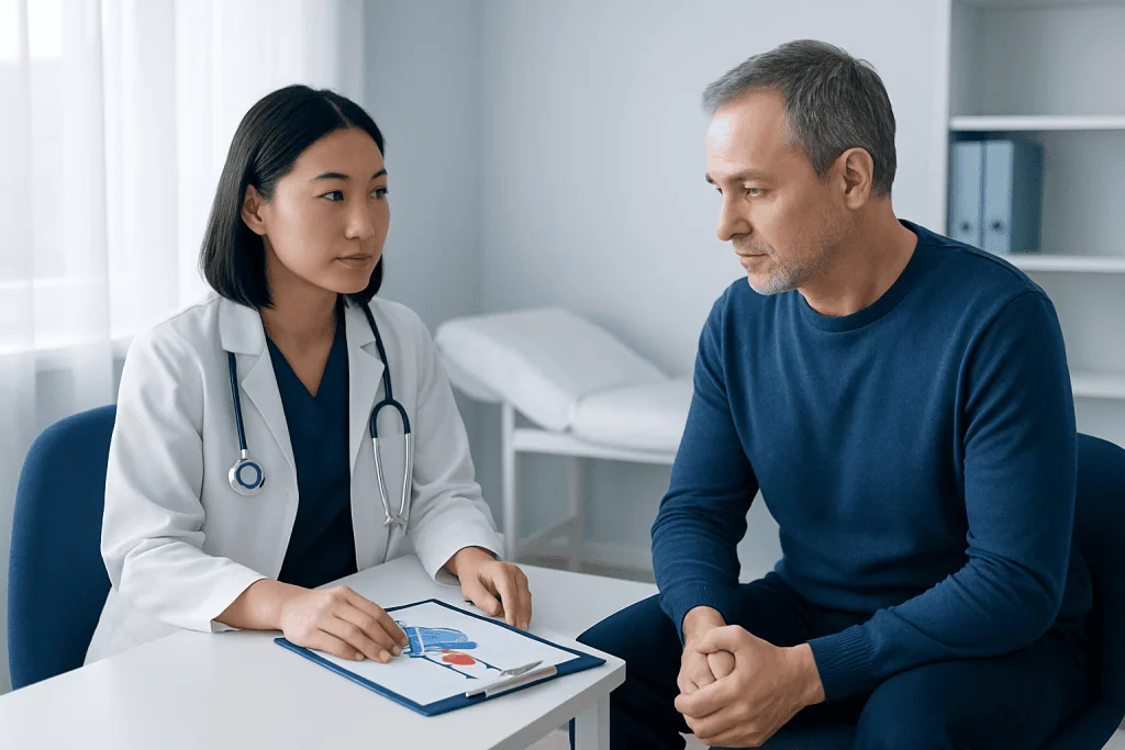 Doctor consulting male patient about health concerns in a clinic setting.