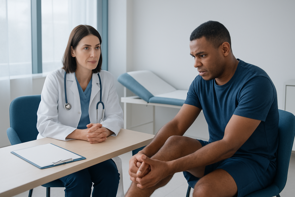 Doctor consulting with a patient in a medical office setting.