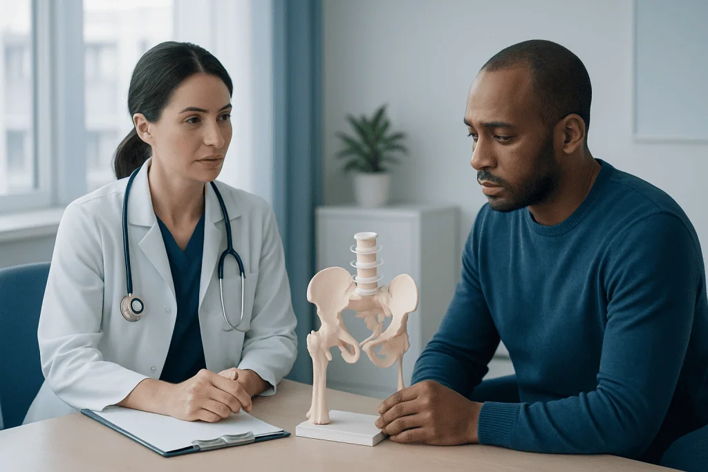 Doctor explaining hip anatomy to patient with model in clinic.