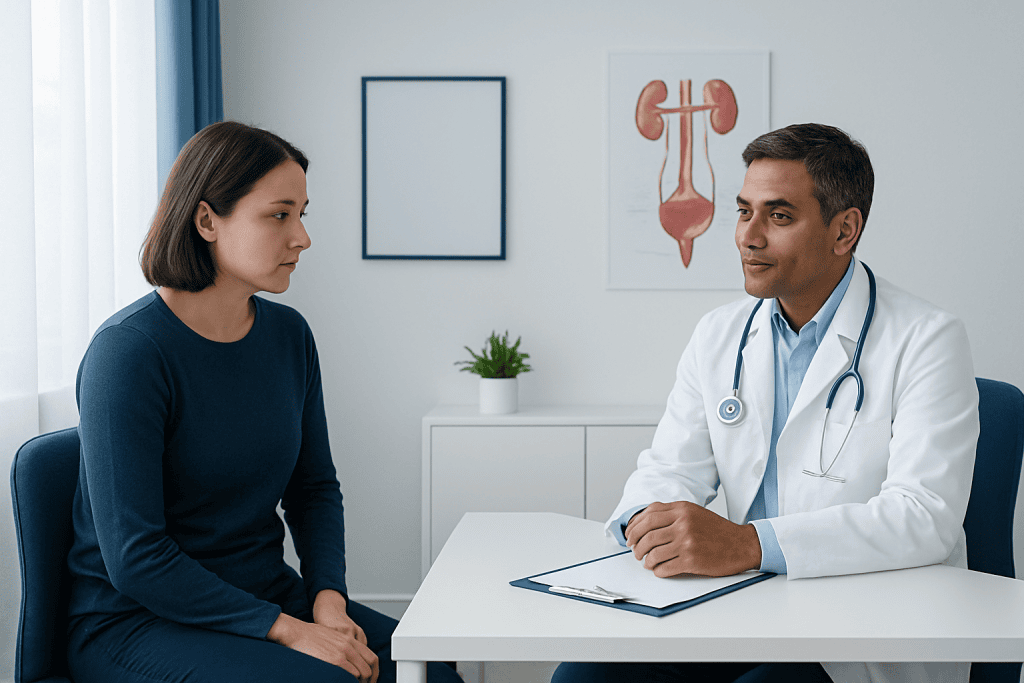 Doctor consulting with female patient in a medical office setting.