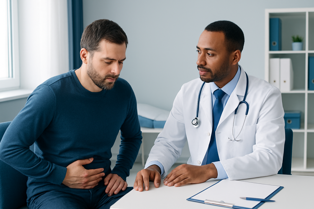 Doctor examining a patient with abdominal pain in a clinical setting.