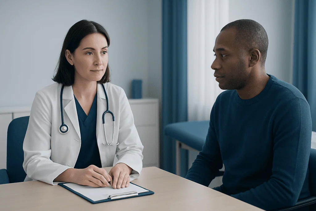 Doctor consulting with a patient in a medical office setting.