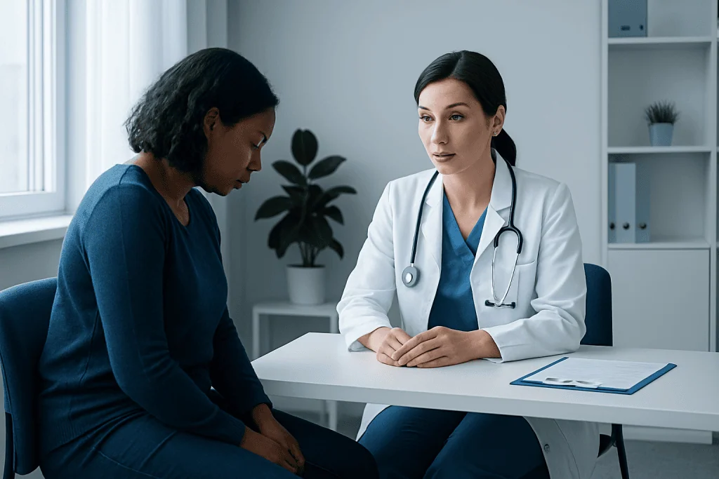 Doctor consulting with a patient in a medical office setting.