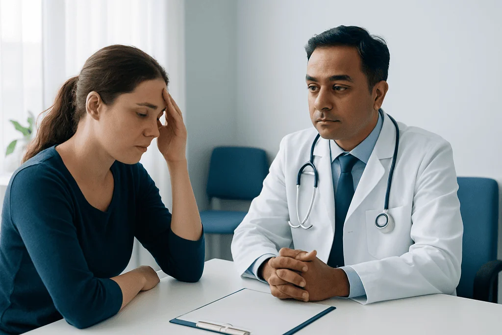 Doctor consulting with a patient about fever symptoms in a clinical setting.