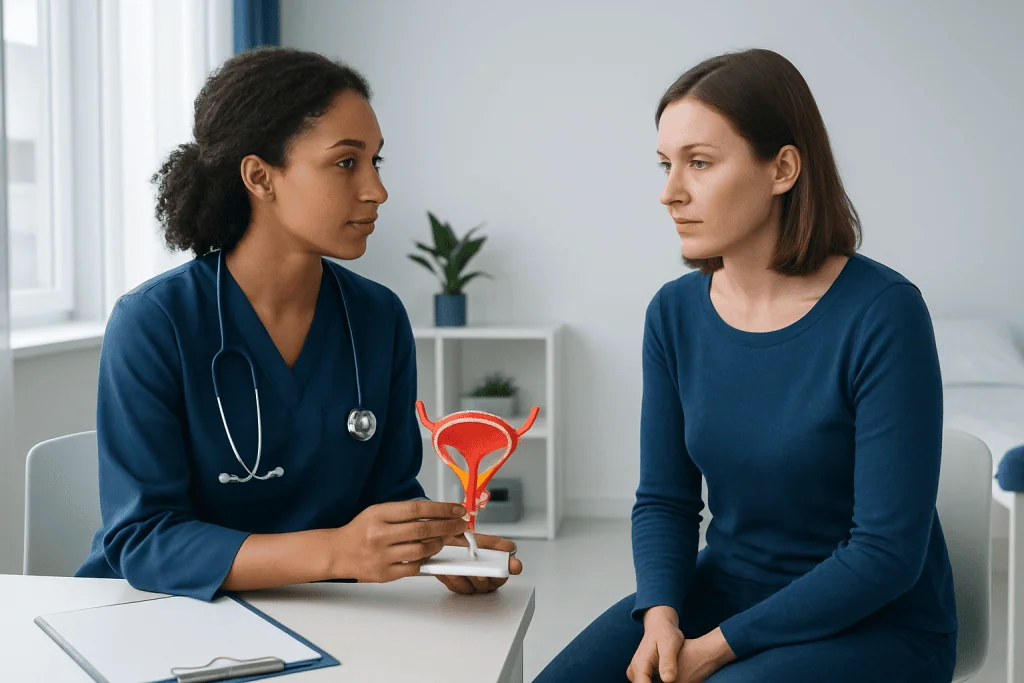 Doctor explaining bladder anatomy to patient in consultation room.