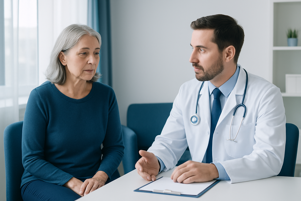 Doctor consulting with an elderly female patient in a medical office.