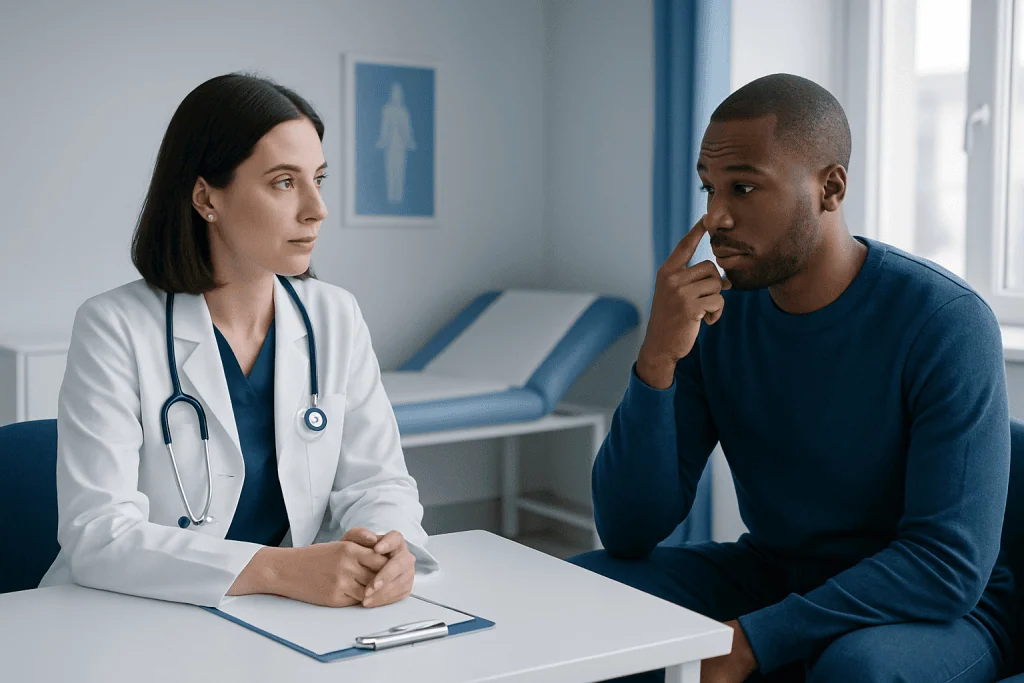 Doctor consulting with patient about nasal health in a clinical setting.