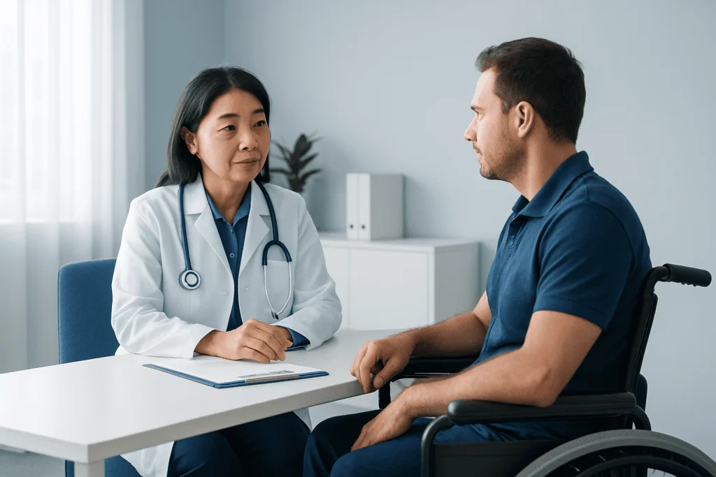 Doctor consulting with a patient in a wheelchair in a medical office.