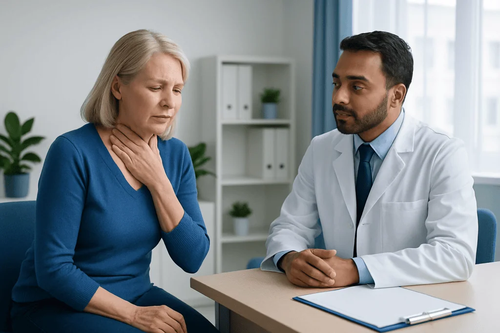 Doctor consulting with an elderly woman about choking symptoms.