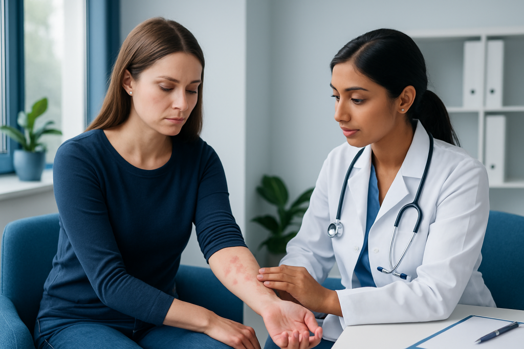 Doctor examining a patient's arm with skin rashes at Acibadem Hospital.
