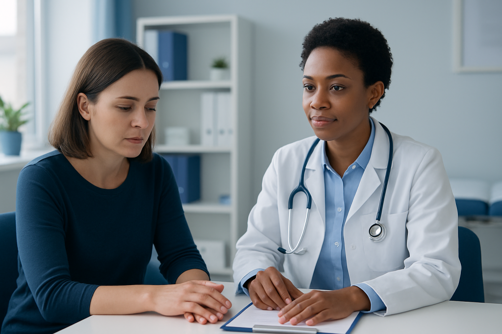 Doctor consulting with patient about nail health and conditions.