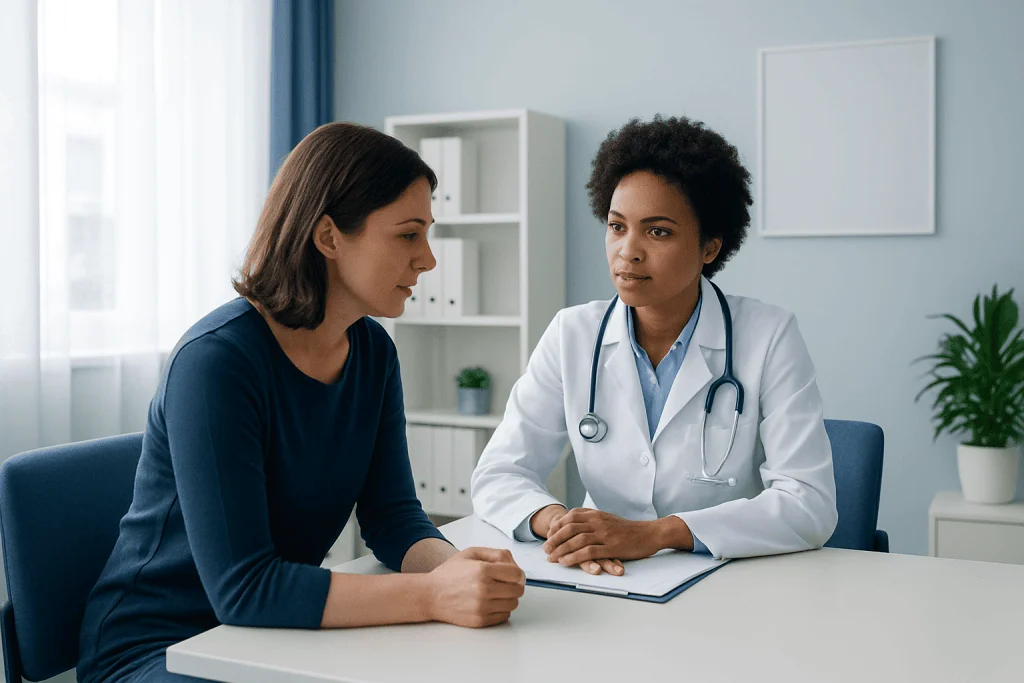 Doctor consulting a patient about gastrointestinal health in a clinic setting.