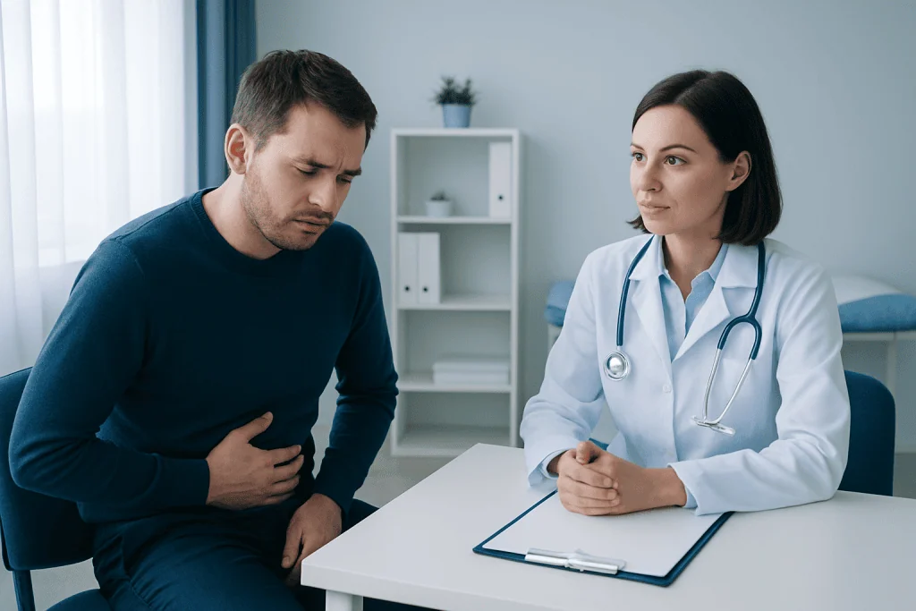 Doctor consulting with a patient experiencing stomach pain in a clinic.