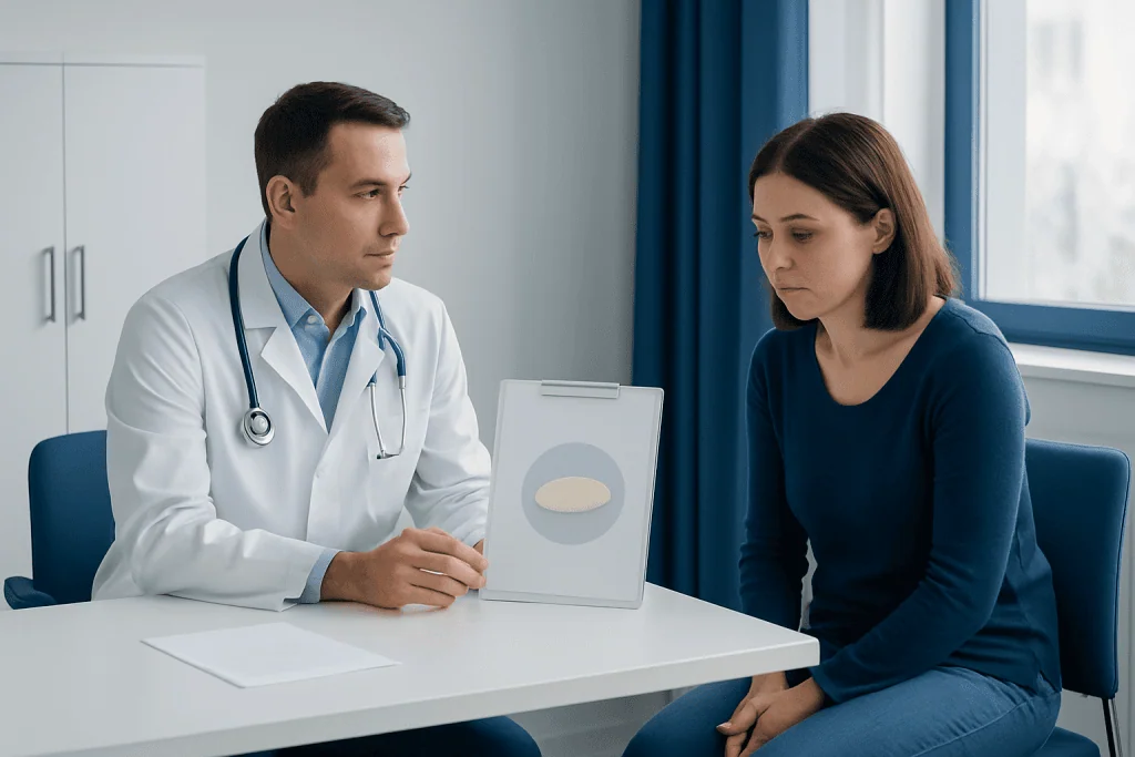 Doctor consulting patient about health concerns in a clinical setting.