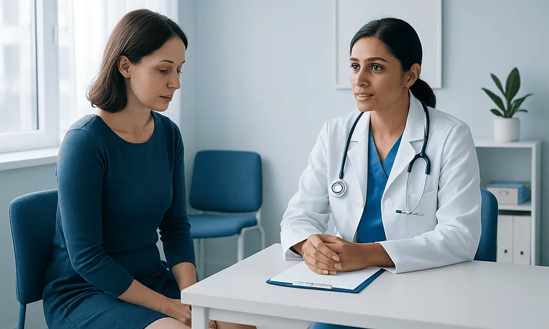 Doctor consulting with a patient about gynecological health in a clinic.