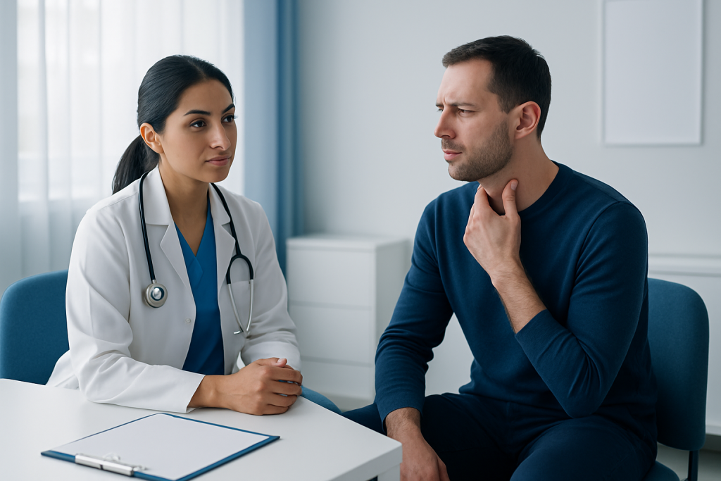 Doctor consulting male patient about throat bleeding symptoms.