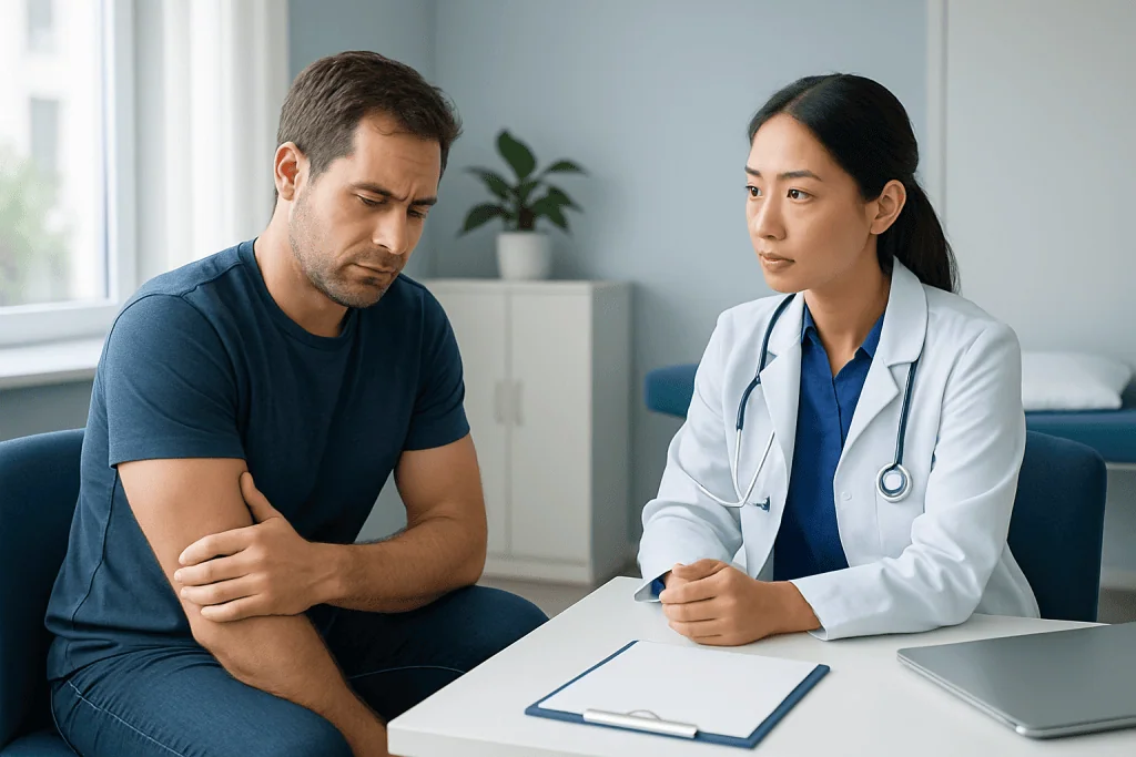 Doctor consulting with a patient about arm pain in a medical office.