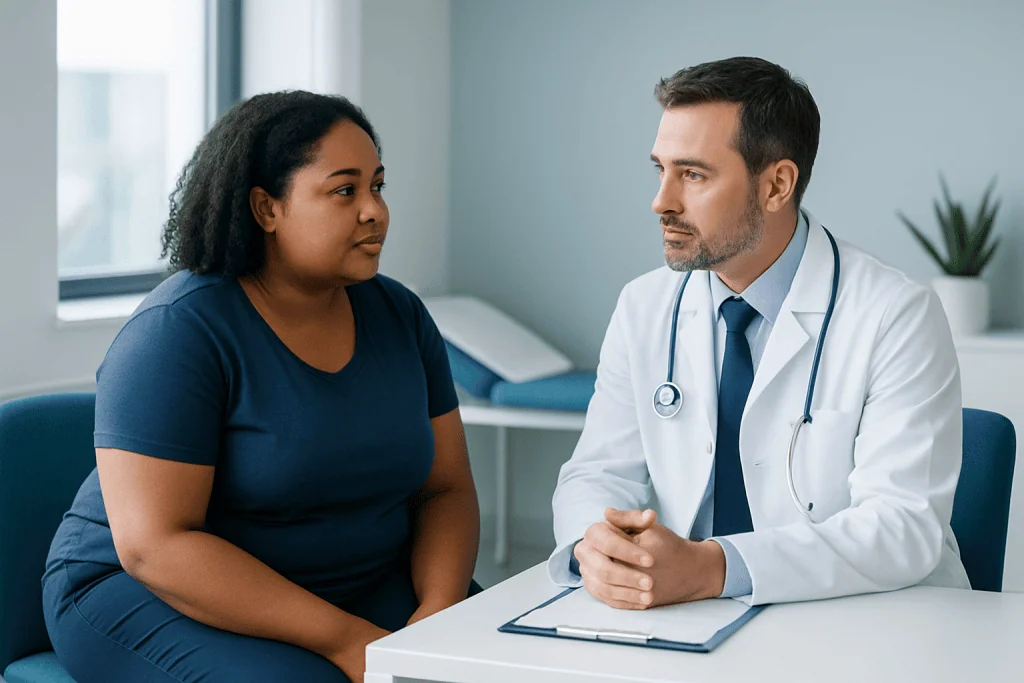 Doctor consulting with a patient in a modern medical office setting.