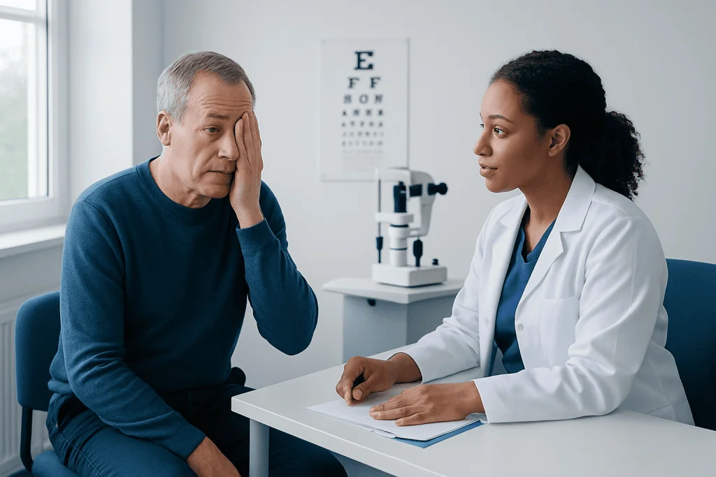 Neuro-ophthalmologist examines patient with vision concerns in clinic.