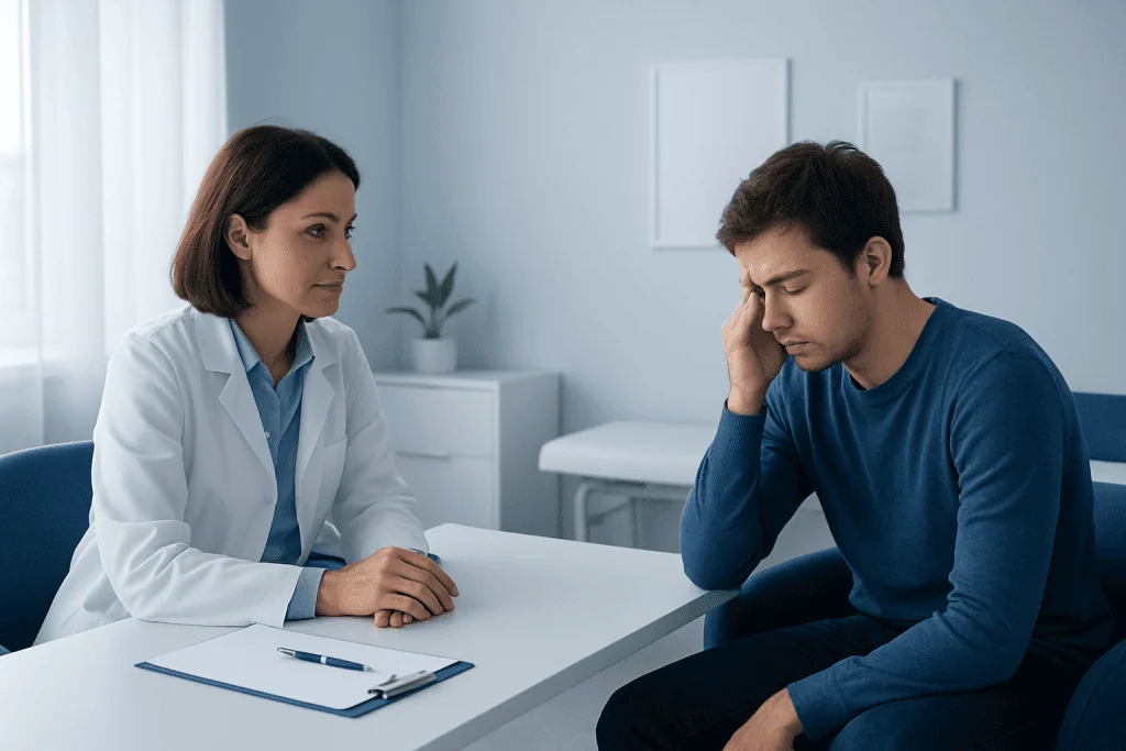 Young man consulting a doctor about daytime sleepiness in a medical office.