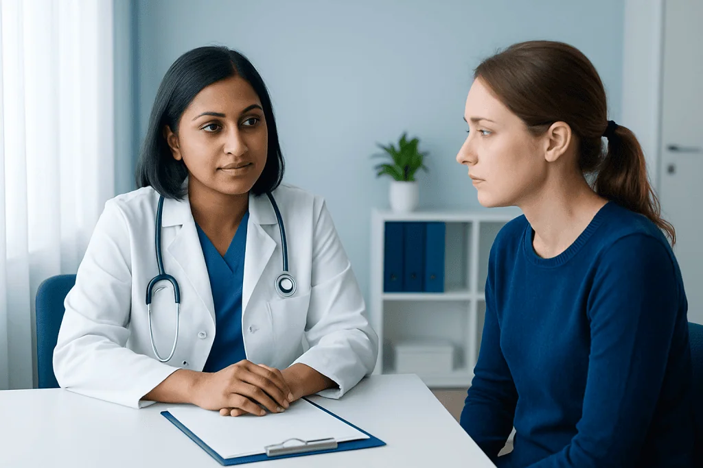 Doctor consulting a patient about sleep issues in a clinical setting.