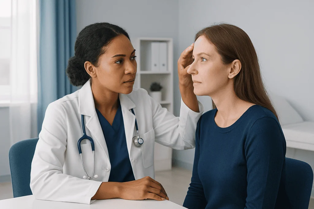 Doctor examining a patient's eye for abnormal pupils in a clinical setting.