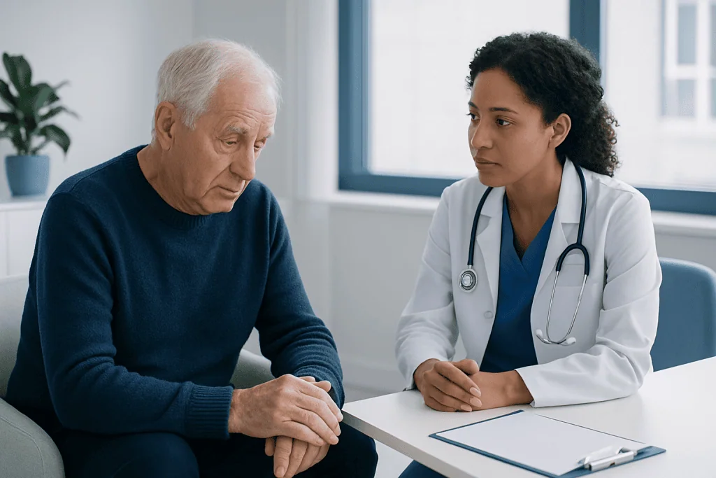 Geriatric neurology consultation with an elderly patient and doctor in clinic.