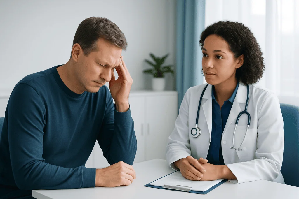 Patient consulting with a doctor about frequent headaches in a medical office.