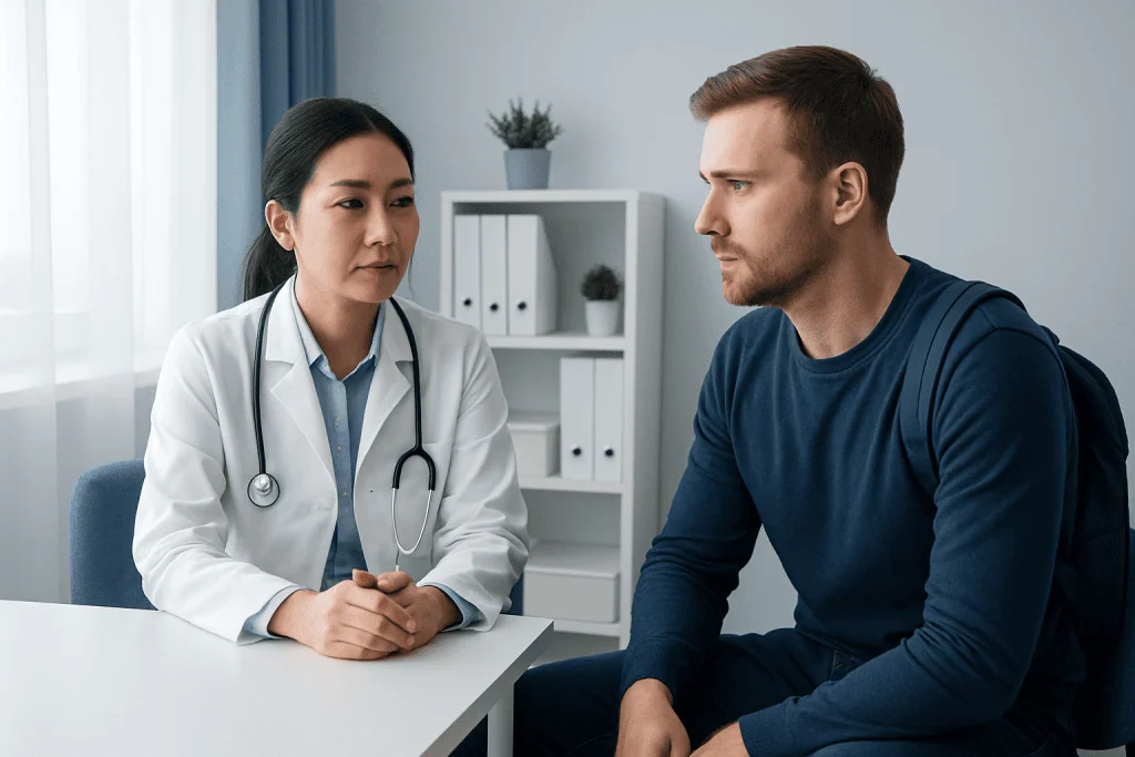 Doctor consulting with a male patient in a modern clinic setting.