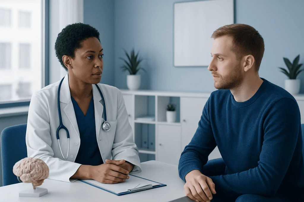 Doctor consulting with patient in a modern medical office.