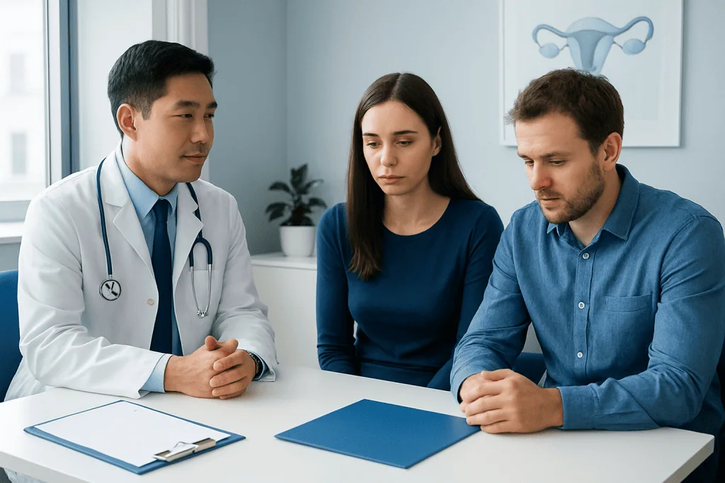 Fertility specialist consulting a couple about IVF treatment options.