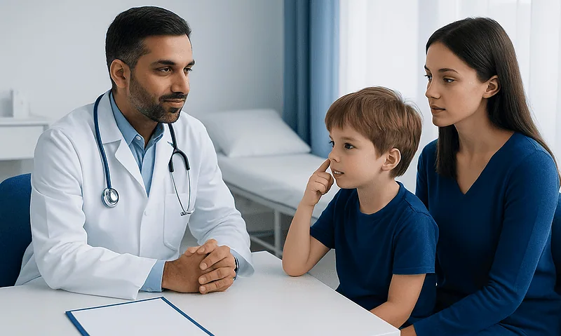 Doctor consulting with a mother and child in a hospital setting.