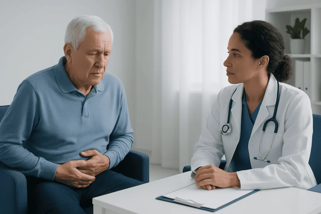 Older man consulting with a female doctor about digestive health issues.