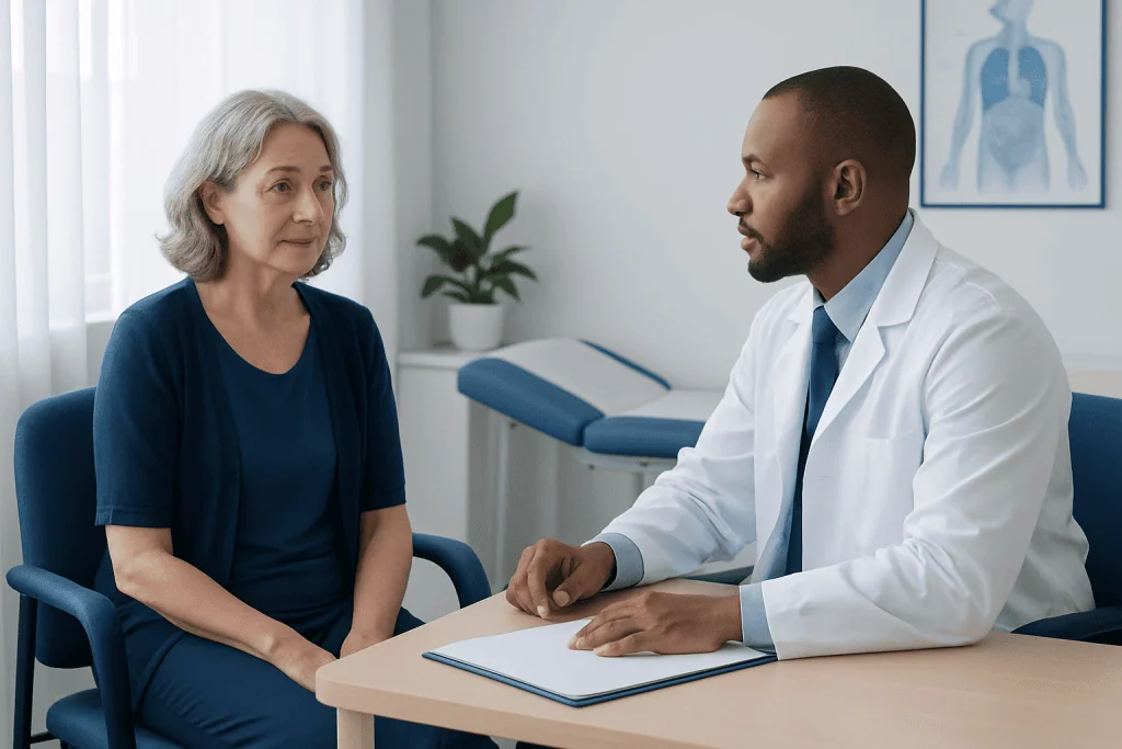 Doctor consulting with an elderly female patient in a medical office.