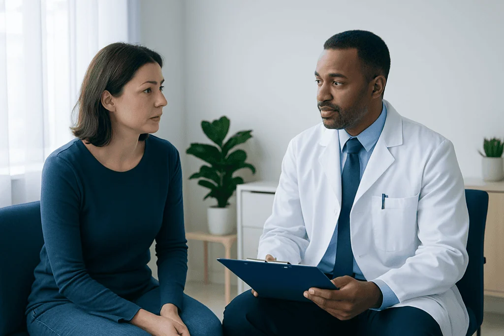 Doctor consulting with a female patient in a medical office setting.