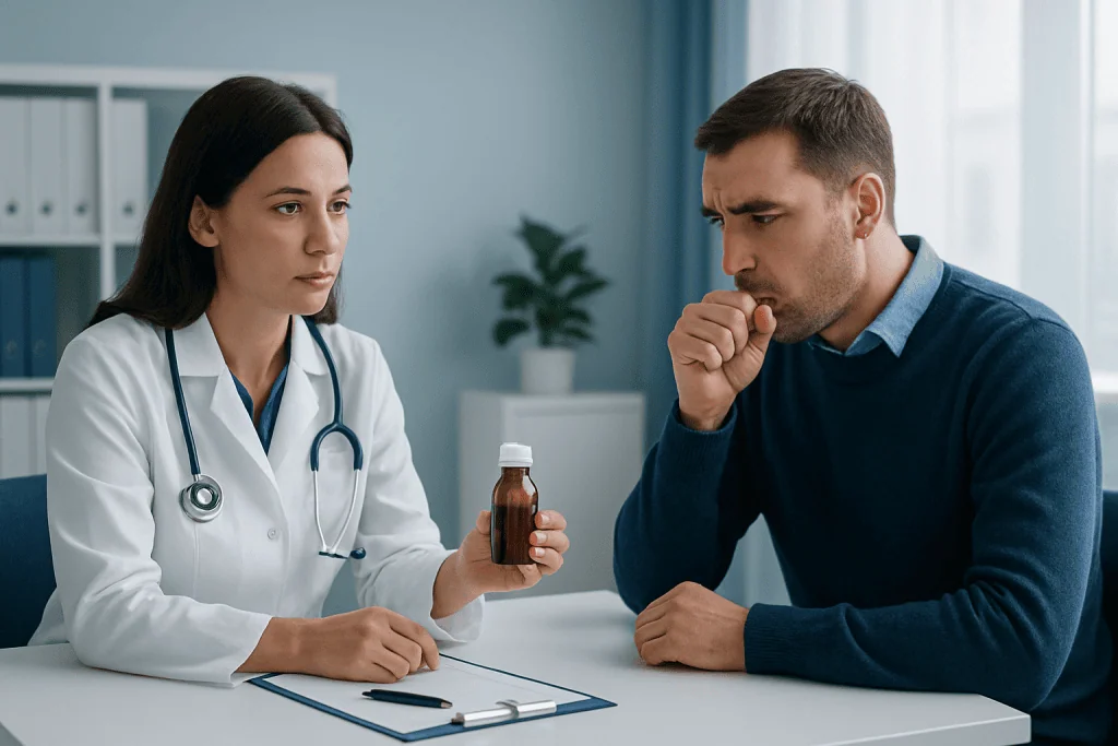 Doctor explaining cough syrup to patient in consultation room.