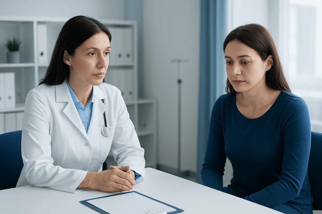Doctor consulting with a patient in a medical office setting.