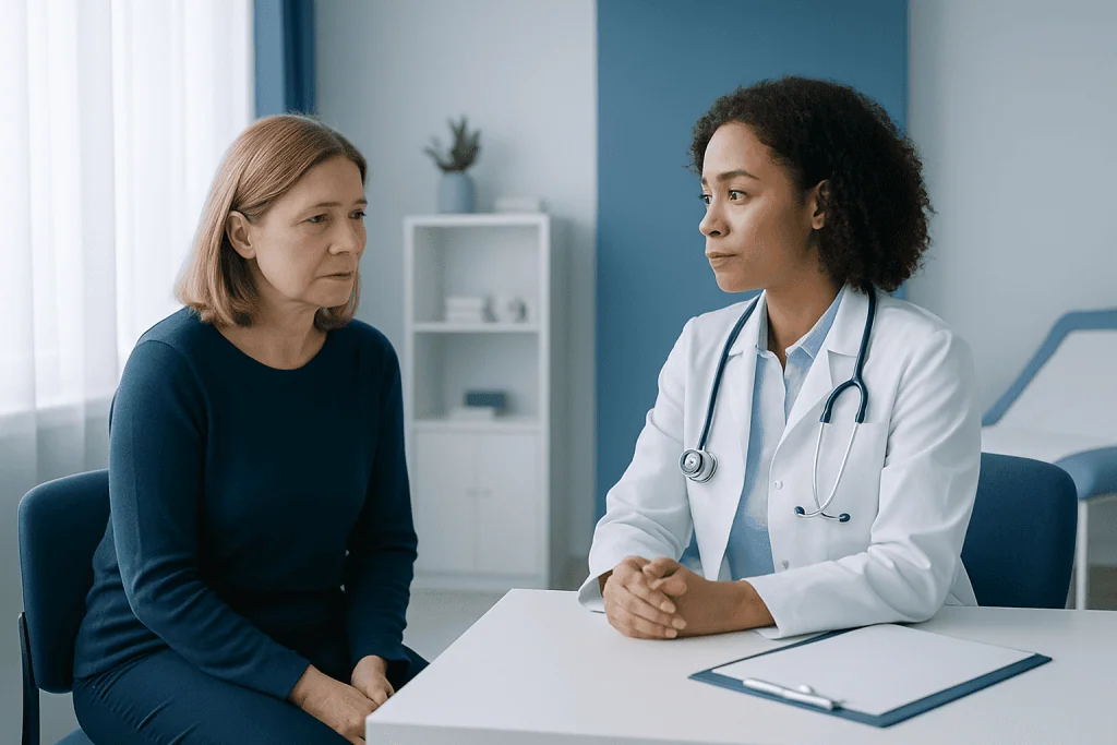 Doctor consulting with a female patient in a medical office.