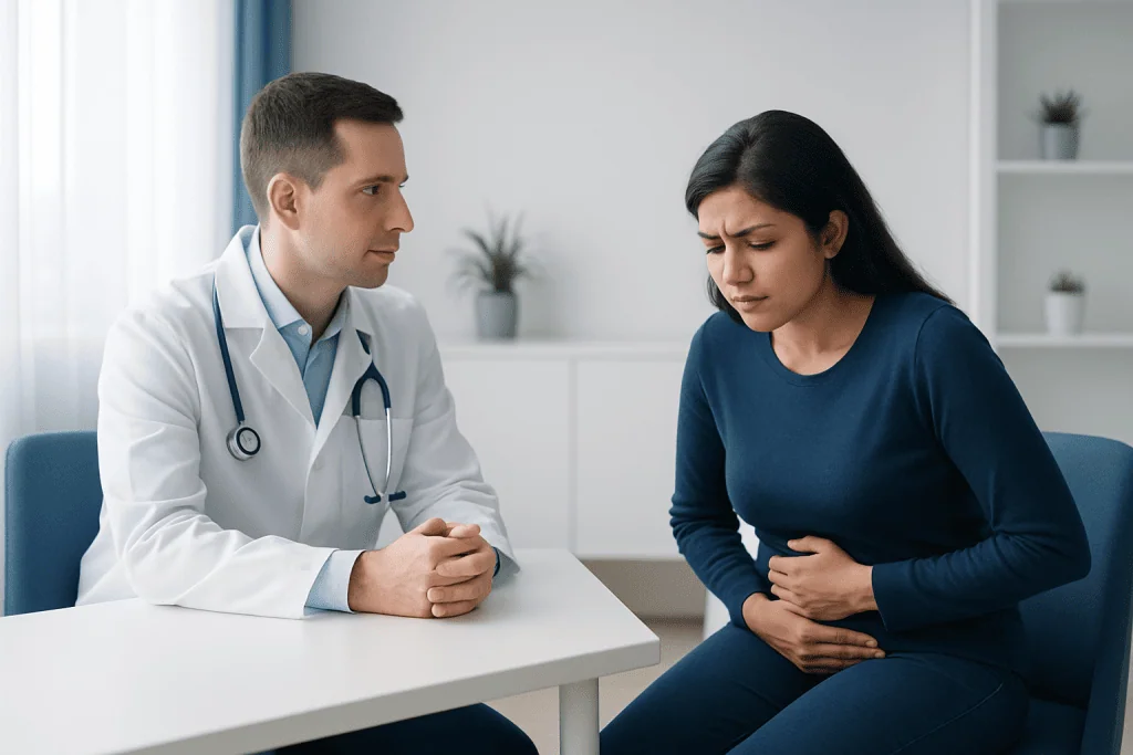 Doctor consulting with a woman experiencing stomach pain in a medical office.