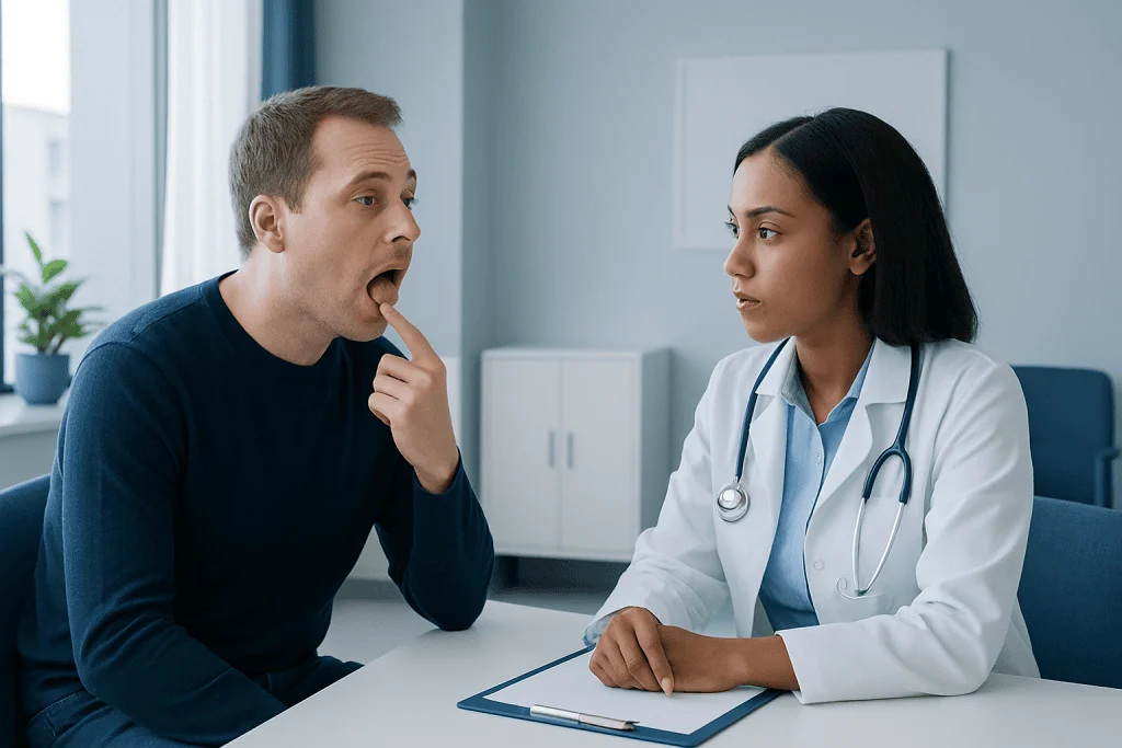 Doctor examining patient's mouth for tongue bumps or abnormalities.