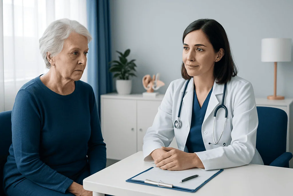 Doctor consulting with elderly woman in a medical office setting.