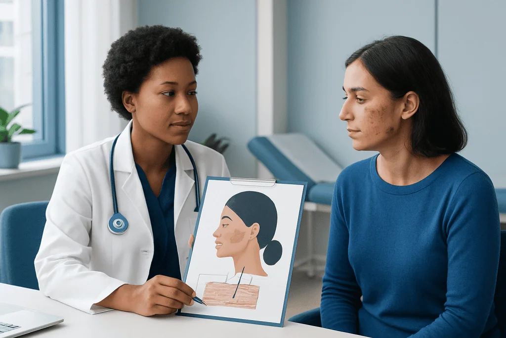Doctor explaining skin diagram to patient in consultation room.