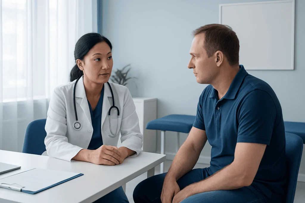 Doctor consulting with male patient in a medical office setting.