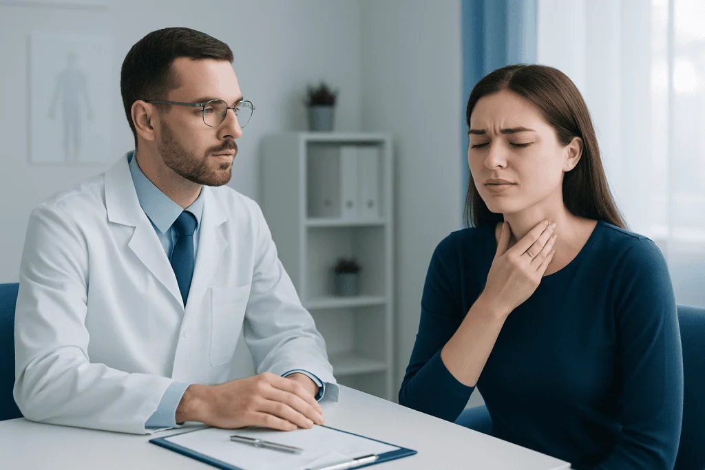 Doctor consulting with a woman experiencing throat pain in a medical office.
