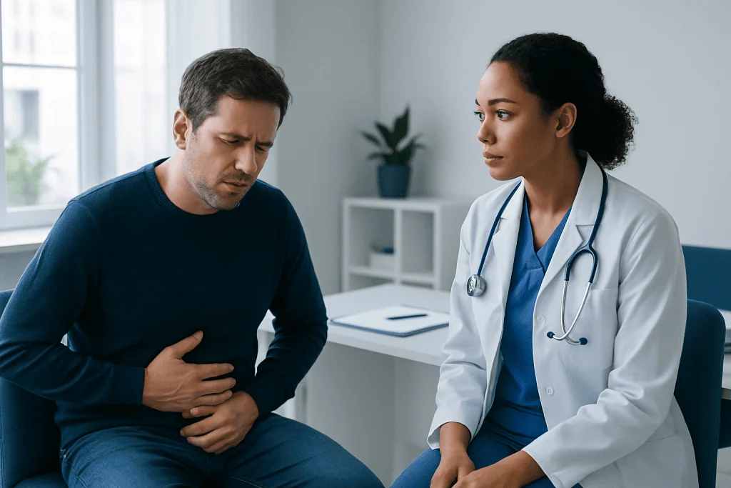 Doctor consulting patient with stomach pain in a medical office.