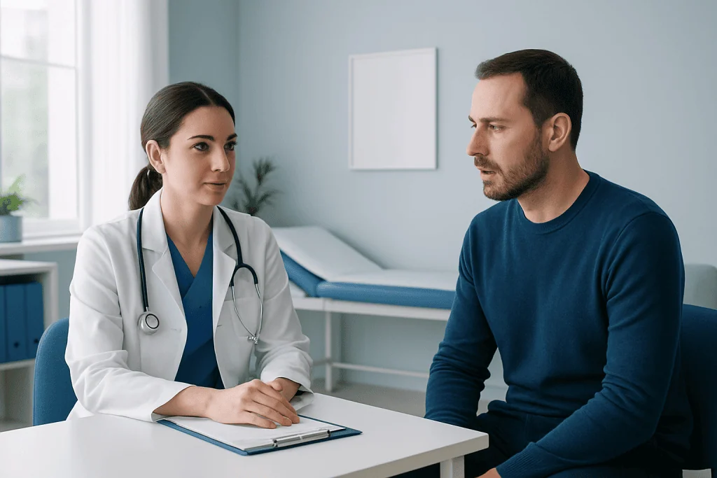 Doctor consulting with patient about tongue bruise symptoms and treatment options.