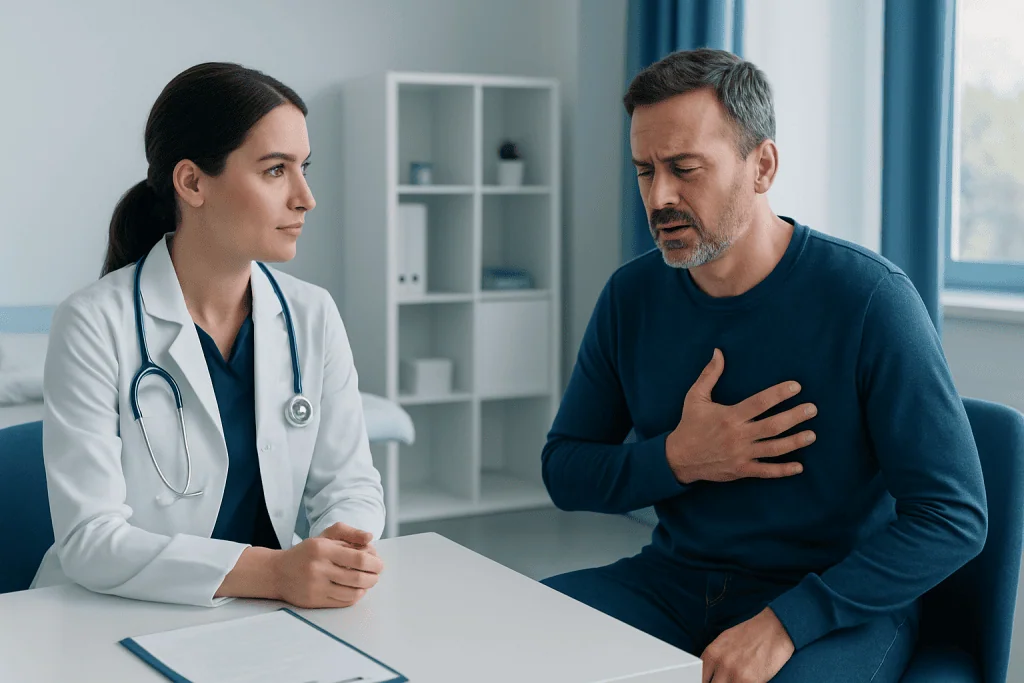 Doctor consulting with a patient experiencing chest pain in a medical office.