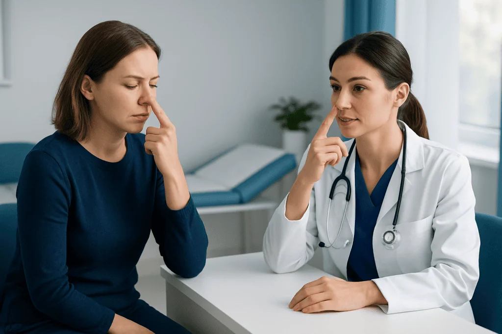 Doctor explaining nose tingling symptoms to patient in clinic.