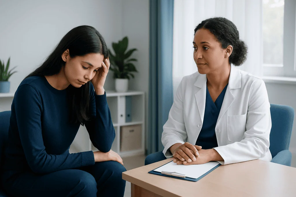 Woman consulting with doctor about health concerns in a medical office.