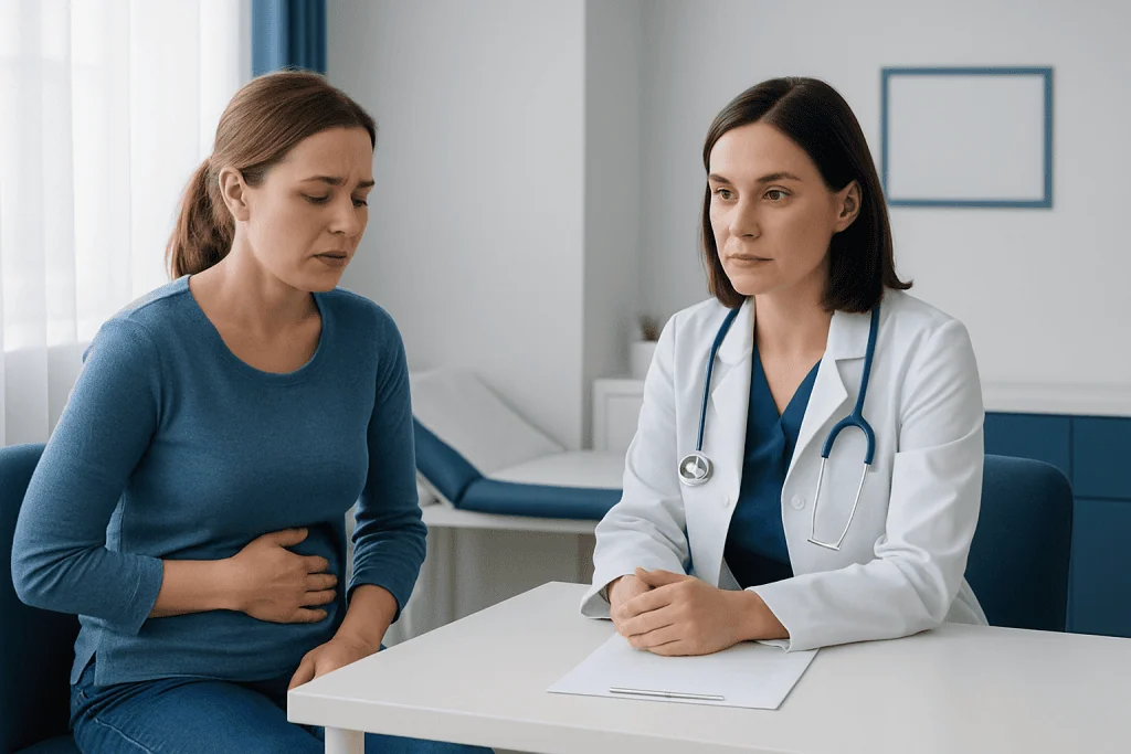 Doctor consulting with a patient about nausea symptoms in a clinical setting.